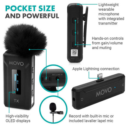Movo Photo WMX-2-L Sistema de Micrófono Inalámbrico para iOS 328' Alcance Dual-Canal