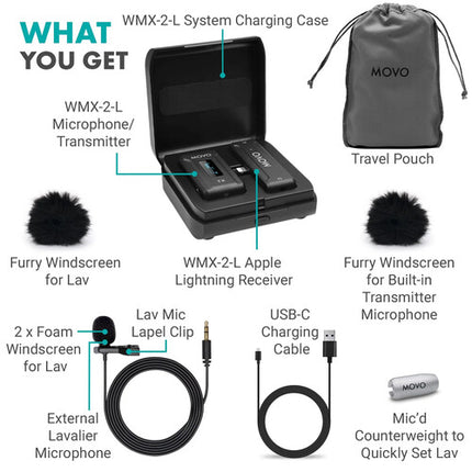Movo Photo WMX-2-L Sistema de Micrófono Inalámbrico para iOS 328' Alcance Dual-Canal