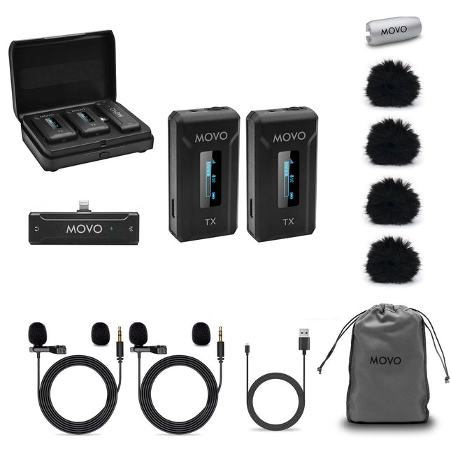 Movo Photo WMX-2-L-DUO Micrófono Inalámbrico Dual para iOS Alcance 100m Pantalla OLED Estuche Carga
