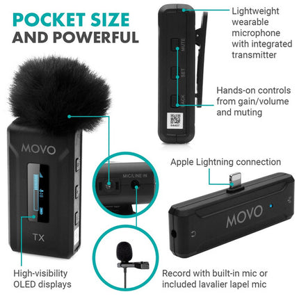 Movo Photo WMX-2-L-DUO Micrófono Inalámbrico Dual para iOS Alcance 100m Pantalla OLED Estuche Carga