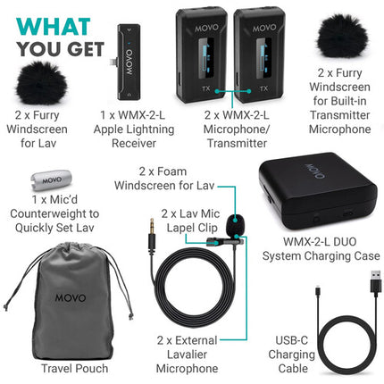 Movo Photo WMX-2-L-DUO Micrófono Inalámbrico Dual para iOS Alcance 100m Pantalla OLED Estuche Carga