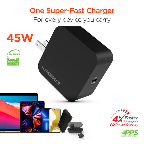 HyperGear SpeedBoost Cargador AC USB-C 45W PD PPS portátil seguro