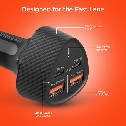 HyperGear SpeedBoost Cargador de Coche 50W 4 Puertos USB-C USB-A