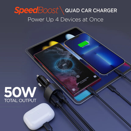 HyperGear SpeedBoost Cargador de Coche 50W 4 Puertos USB-C USB-A