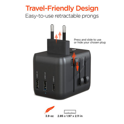 HyperGear 4-en-1 Adaptador de Viaje Universal con 15W USB-C y 3 Puertos USB