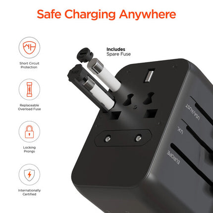 HyperGear 4-en-1 Adaptador de Viaje Universal con 15W USB-C y 3 Puertos USB