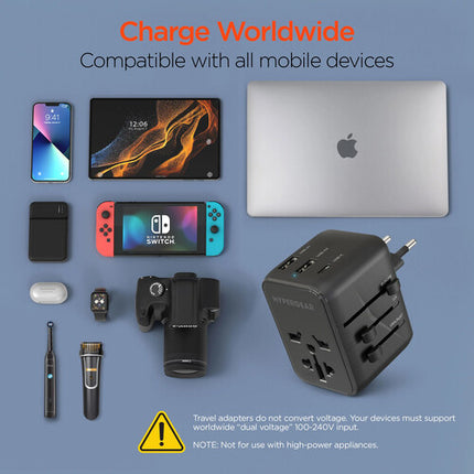 HyperGear 4-en-1 Adaptador de Viaje Universal con 15W USB-C y 3 Puertos USB