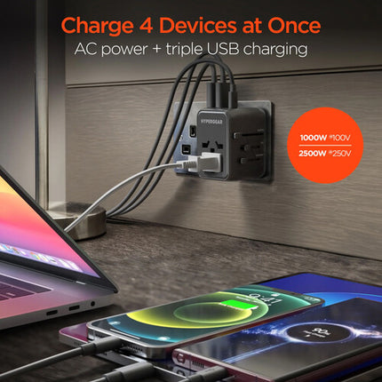 HyperGear 4-en-1 Adaptador de Viaje Universal con 15W USB-C y 3 Puertos USB