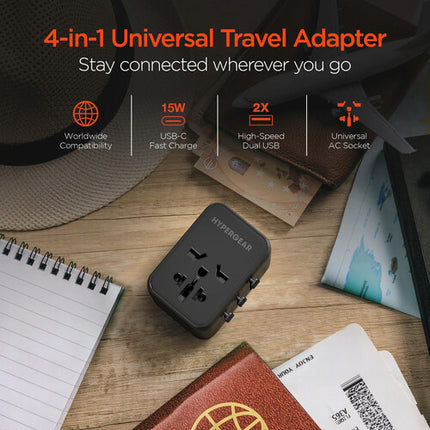 HyperGear 4-en-1 Adaptador de Viaje Universal con 15W USB-C y 3 Puertos USB