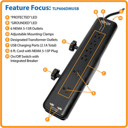 Tripp Lite Protect It Protector contra Sobretensiones 6 Enchufes 2100 Julios 2 Puertos USB