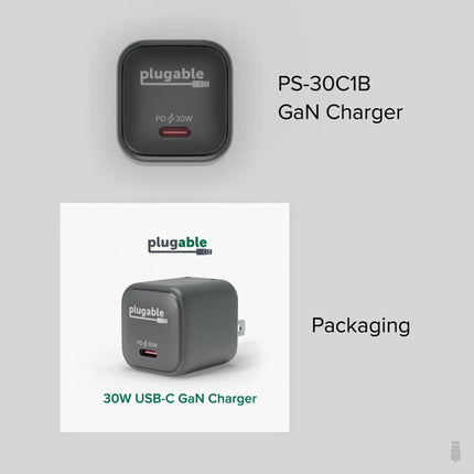 Plugable Cargador de Pared USB-C 30W GaN Negro 3 Unidades