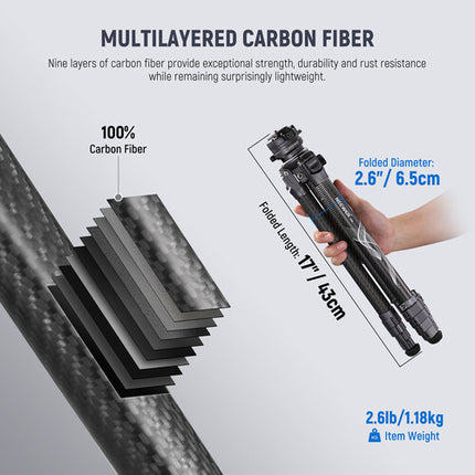 Neewer TP62 Trípode de Fibra de Carbono para Viaje Carga 10kg Altura 7.5 a 62 Pulgadas