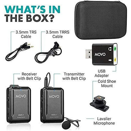 Movo Photo WMX-1 Micrófono Lavalier Inalámbrico con USB 6 Horas Batería 200 Pies Alcance