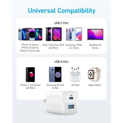 Anker 33W Cargador de Pared 2 Puertos USB-C PD y USB-A Seguro