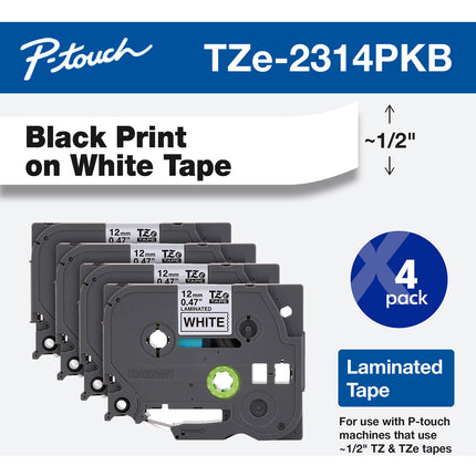 Brother TZe231 Cinta Laminada para Etiquetadoras P-Touch Negra sobre Blanca 12mm x 8m 4 unidades