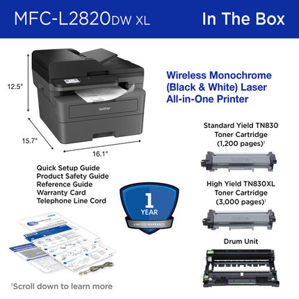 Brother MFC-L2820DW XL Impresora Láser Monocromo 34 ppm 1200x1200 dpi con Tóner de Alta Capacidad 4200 Páginas