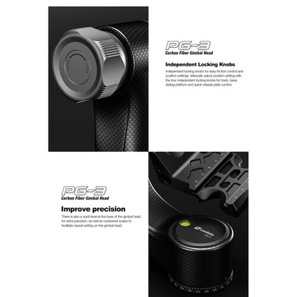 Leofoto PG-3 Cabezal Gimbal Fibra de Carbono Capacidad 55 lb Altura 9.25"