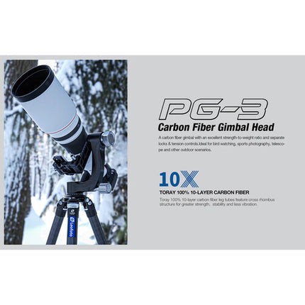Leofoto PG-3 Cabezal Gimbal Fibra de Carbono Capacidad 55 lb Altura 9.25"