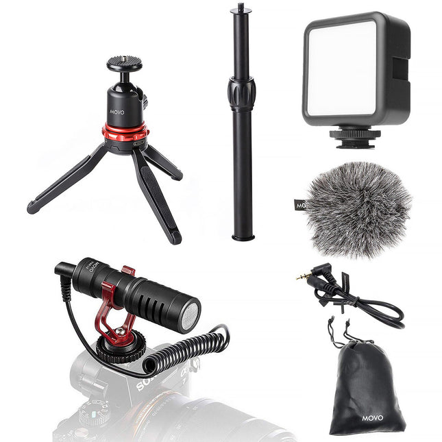 Movo Photo CamSK Kit de Video para Cámaras DSLR y Mirrorless con Luz LED Compacta 49 LEDs y Micrófono Cardioide VXR10
