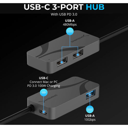 Sabrent HB-C4WP Hub USB-C 3 Puertos con 5.9 Cable 100W Power Delivery