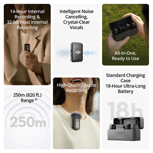 DJI Mic 2 Sistema de Micrófono Inalámbrico Digital Compacto 14 Horas de Grabación 820 Pies Alcance Bluetooth