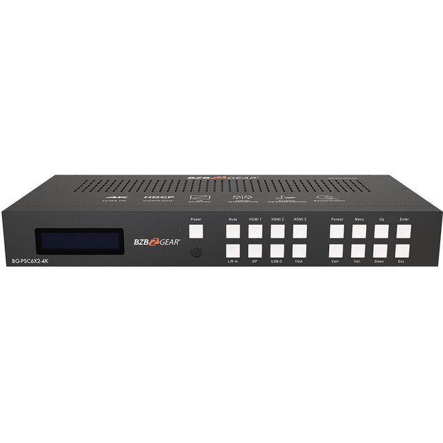 BZBGEAR 6x2 4K Switcher para Sala de Conferencias con HDMI VGA USB-C y Audio 48V Phantom Power