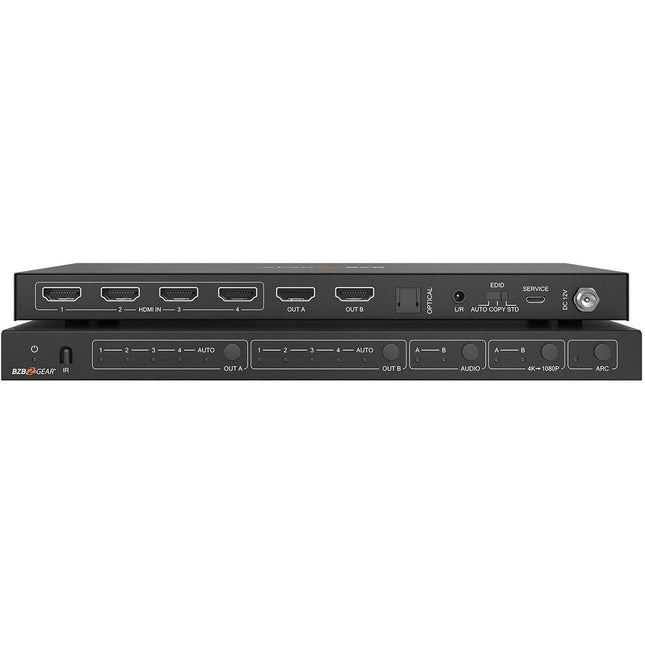 BZBGEAR Switcher Matriz HDMI 4x2 4K60 18 Gb/s con Audio y Escalado 1080p Control Remoto
