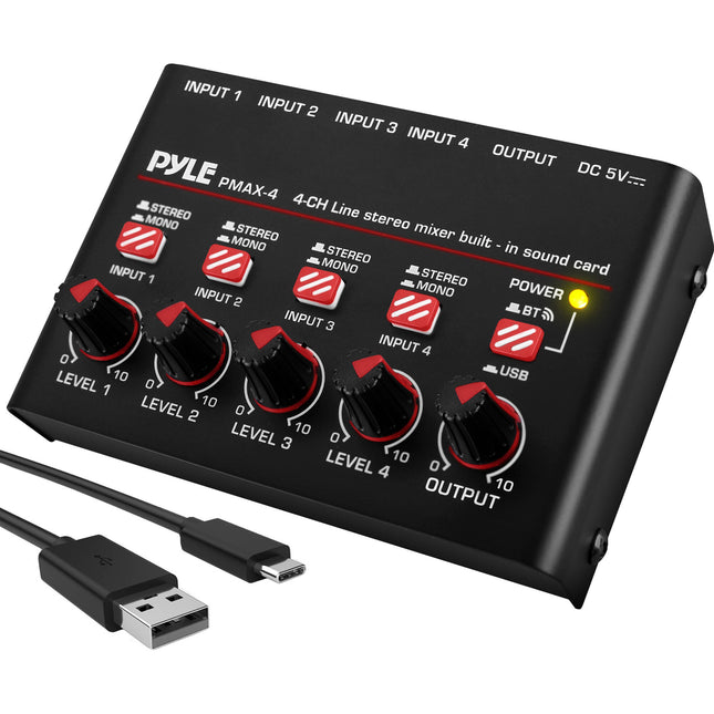 Pyle Pro PMAX4 Mezclador de Línea Compacto 4 Canales Bluetooth USB-C