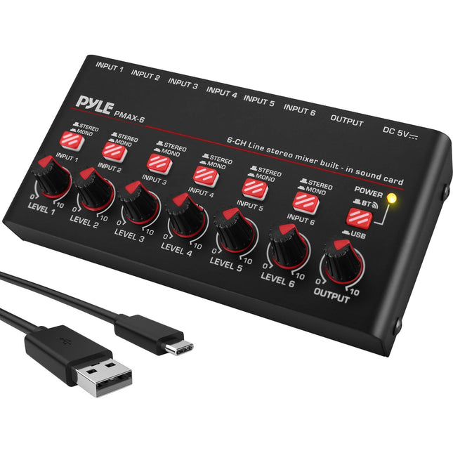 Pyle Pro PMAX6 Mezclador de Línea de 6 Canales Compacto con Bluetooth 5.0 y Tarjeta de Sonido USB