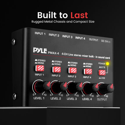 Pyle Pro PMAX4 Mezclador de Línea Compacto 4 Canales Bluetooth USB-C