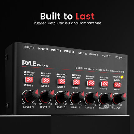 Pyle Pro PMAX6 Mezclador de Línea de 6 Canales Compacto con Bluetooth 5.0 y Tarjeta de Sonido USB