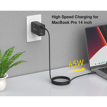 EZQuest UltimatePower Cargador de Pared 65W GaN II 3 Puertos USB-C y USB-A con Cable USB-C 6'