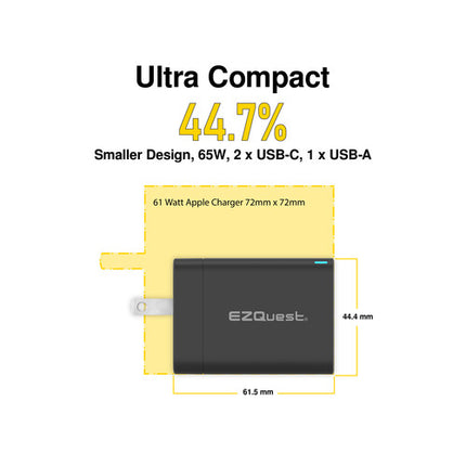 EZQuest UltimatePower Cargador de Pared 65W GaN II 3 Puertos USB-C y USB-A con Cable USB-C 6'