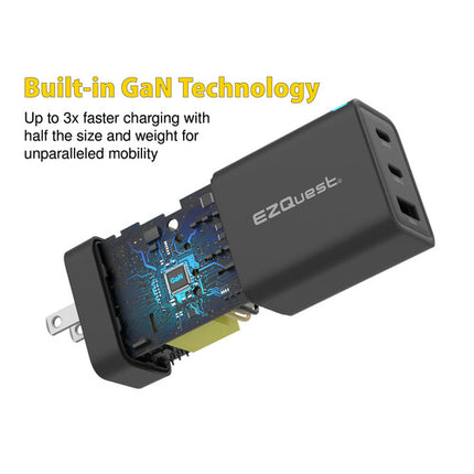 EZQuest UltimatePower Cargador de Pared 65W GaN II 3 Puertos USB-C y USB-A con Cable USB-C 6'