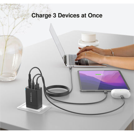 EZQuest UltimatePower Cargador de Pared 65W GaN II 3 Puertos USB-C y USB-A con Cable USB-C 6'