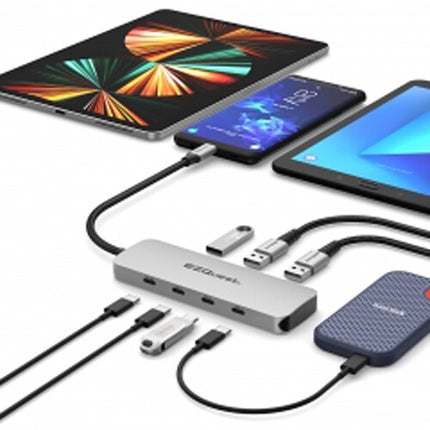 EZQuest 7 Puertos Hub USB 3.2 Gen 2 Plata con 3 USB-C y 80W PD