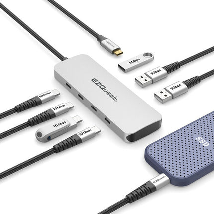 EZQuest 7 Puertos Hub USB 3.2 Gen 2 Plata con 3 USB-C y 80W PD