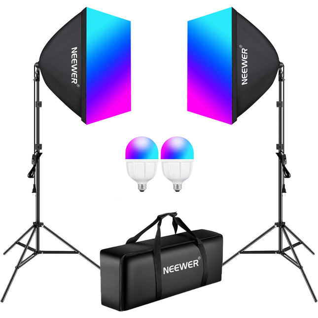 Neewer Kit de Iluminación LED RGB 26W con Softboxes 24x24 y Trípodes 7'