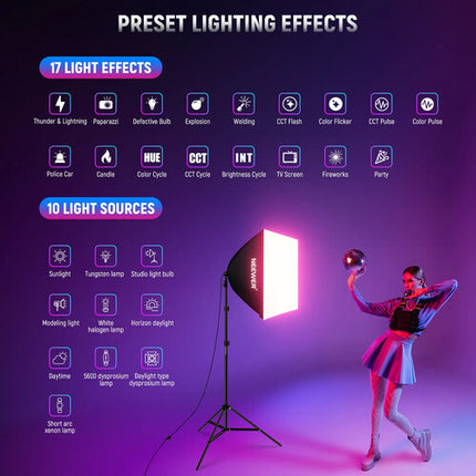 Neewer Kit de Iluminación LED RGB 26W con Softboxes 24x24 y Trípodes 7'