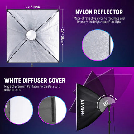 Neewer Kit de Iluminación LED RGB 26W con Softboxes 24x24 y Trípodes 7'