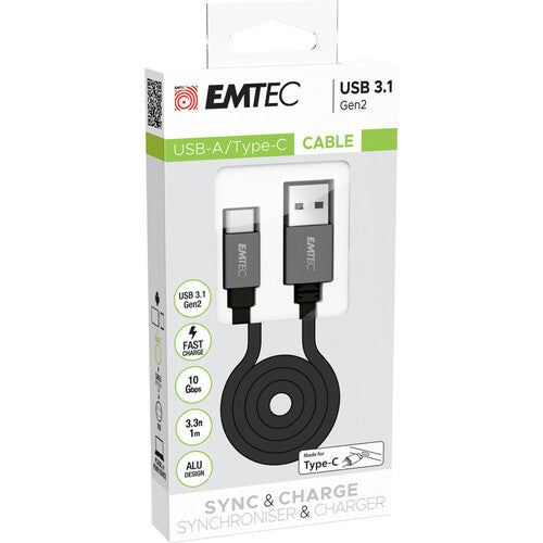 EMTEC T700 Cable USB-A a USB-C 3.1 Gen 2 3 pies negro diseño redondeado