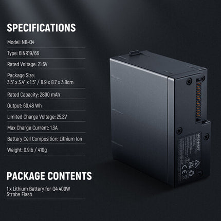 Neewer Battery Pack para Flash Q4 TTL Capacidad 2800mAh 400 Destellos