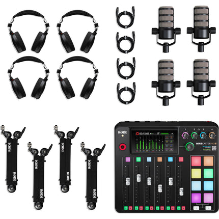 RODE RODECaster Pro II Kit de Podcast para 4 Personas con 4 Micrófonos PodMic Boom Arms Auriculares y Cables XLR