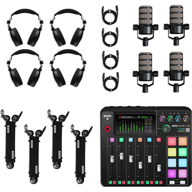 RODE RODECaster Pro II Kit de Podcast para 4 Personas con 4 Micrófonos PodMic Boom Arms Auriculares y Cables XLR