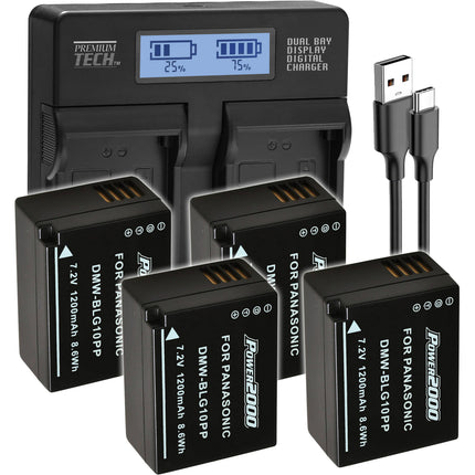 Power2000 Kit de 4 Baterías Panasonic DMW-BLG10PP 1200mAh y Cargador LCD Doble USB-C