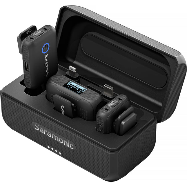 Saramonic Blink 500 B2+ Sistema de micrófono inalámbrico clip-on para 2 personas con 16h receptor 20h transmisores y estuche de carga