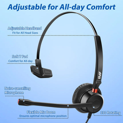 RVP+ Auriculares Mono USB-A con Micrófono Cancelación de Ruido y Control Remoto Integrado