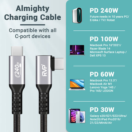 RVP+ Cable USB-C 2.0 Ángulo Recto 6 Pies 480 Mb s 240W 2 Pack Gris