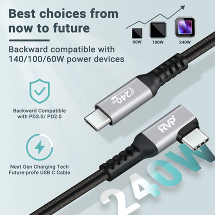 RVP+ Cable USB-C 2.0 Ángulo Recto 3 pies 240W 2 Pack Gris