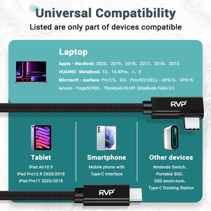 RVP+ Cable USB-C 3.2 Gen 2x2 Ángulo Derecho 3 Pies 20 Gb/s 100W 2-Pack Negro